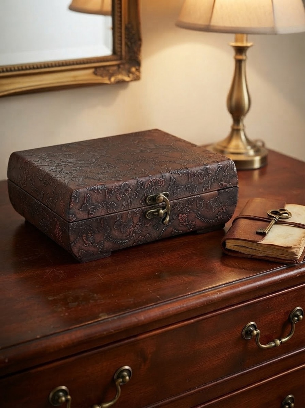 Vintage Embossed butterfly Jewelry Storage Box - Brown